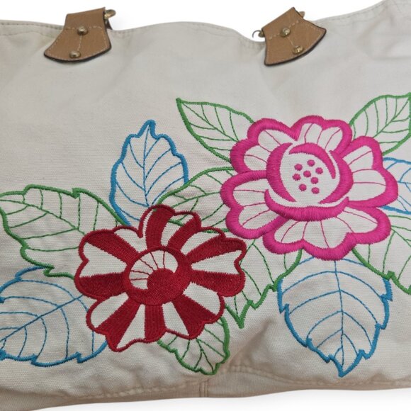 XOXO Floral Canvas Tote Bag Braided Faux Leather Handles - Picture 3 of 12